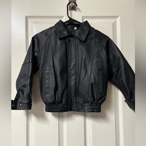 Kids Vintage Black Leather Bomber Jacket Full Zip Size Small